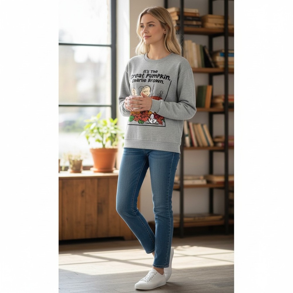 Peanuts Great Pumpkin Charlie Brown Snoopy Sweatshirt Gray •XS• Retro Pop Fall